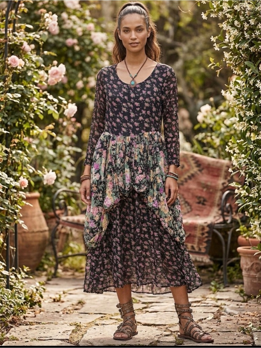 Vintage Jasmine Boho Floral Draped Overlay Mix Floral Gypsy Flowy Maxi Dress S